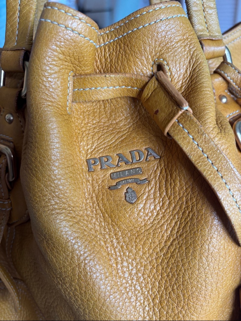 Prada Yellow-Tan Leather Drawstring Shoulder Bag - Picture 4 of 16
